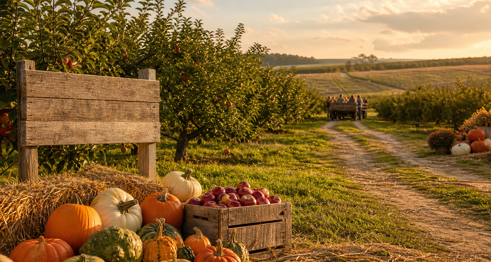 Apple orchard and pumpkin patch at golden hour